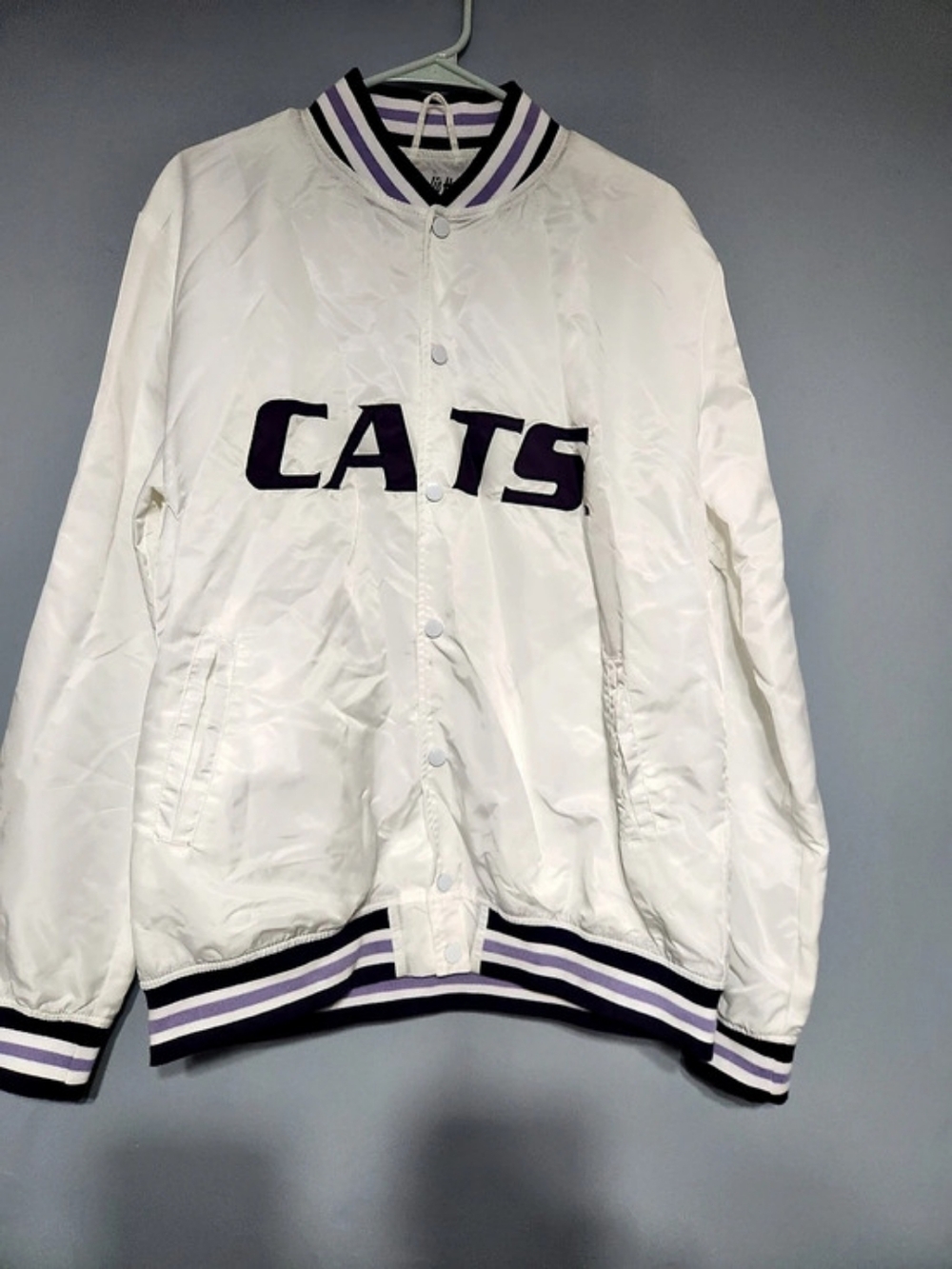 Charlie Hustle Kansas State Wildcats Varsity Jacket. White/Purple. Size L. Snap.